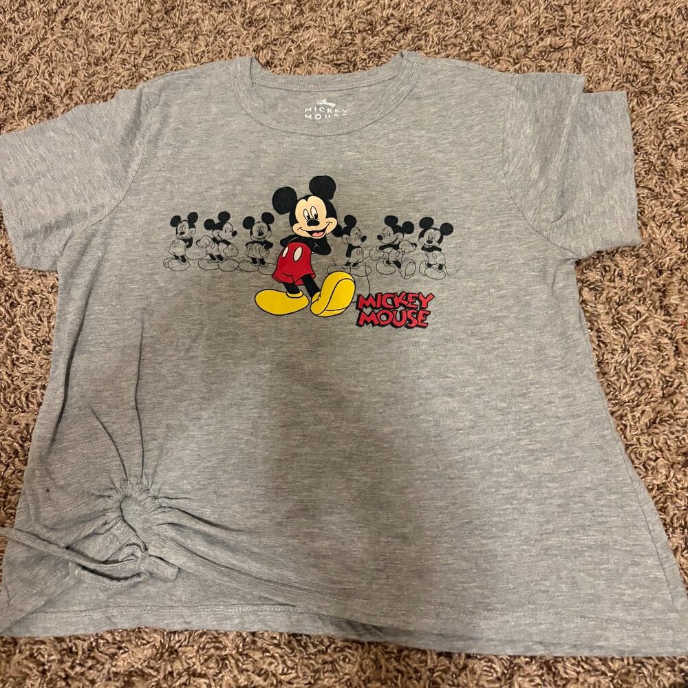 Disney Mickey Mouse Short Sleeve Top Medium 7-9 Gray Tie Front Polyester Blend